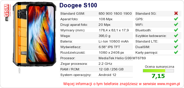 Dane telefonu Doogee S100 Dane telefonu Doogee S100