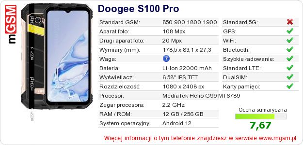 Dane telefonu Doogee S100 Pro