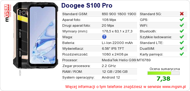 Dane telefonu Doogee S100 Pro