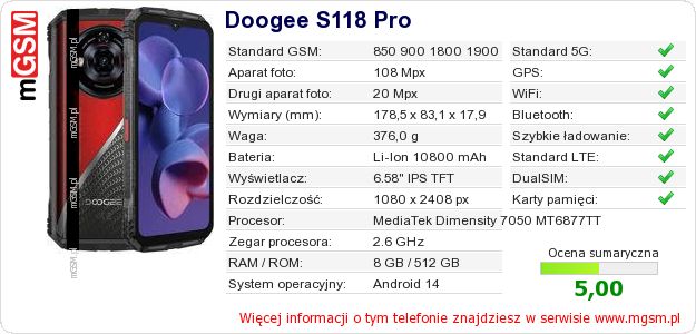 Dane telefonu Doogee S118 Pro Dane telefonu Doogee S118 Pro
