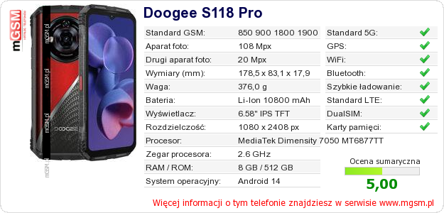 Dane telefonu Doogee S118 Pro