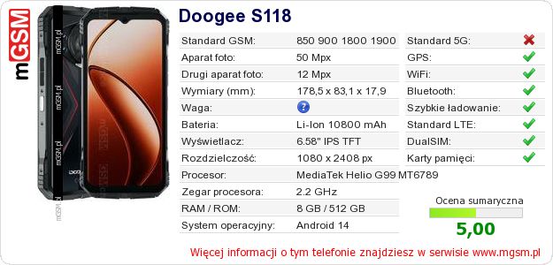 Dane telefonu Doogee S118 Dane telefonu Doogee S118