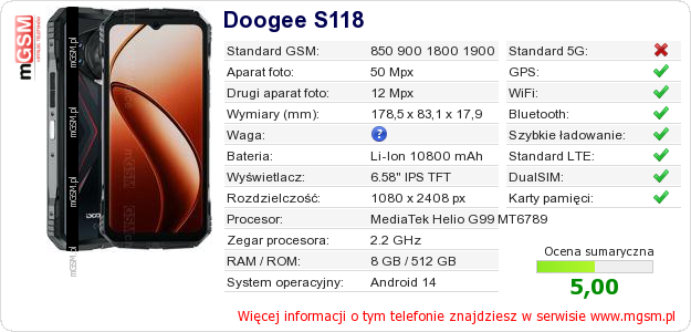 Dane telefonu Doogee S118