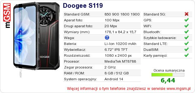 Dane telefonu Doogee S119 Dane telefonu Doogee S119