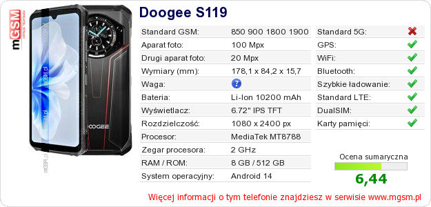 Dane telefonu Doogee S119 Dane telefonu Doogee S119