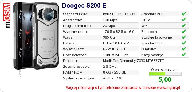 Dane telefonu Doogee S200 E Dane telefonu Doogee S200 E