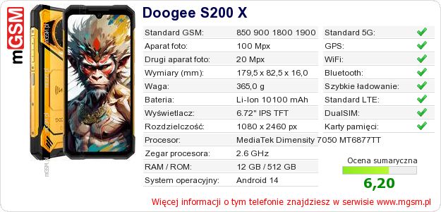 Dane telefonu Doogee S200 X Dane telefonu Doogee S200 X