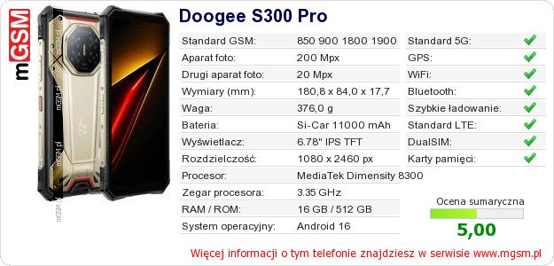 Dane telefonu Doogee S300 Pro