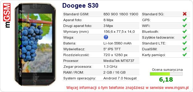 Dane telefonu Doogee S30