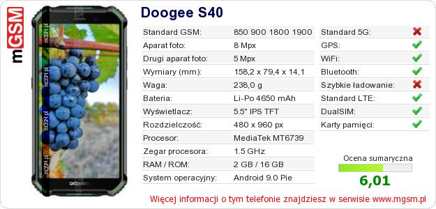 Dane telefonu Doogee S40 Dane telefonu Doogee S40
