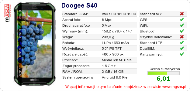 Dane telefonu Doogee S40 Dane telefonu Doogee S40