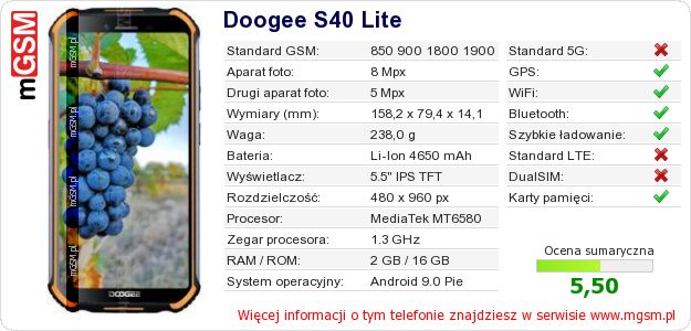 Dane telefonu Doogee S40 Lite Dane telefonu Doogee S40 Lite