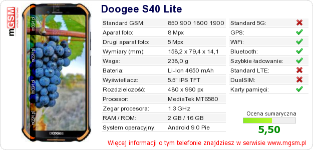 Dane telefonu Doogee S40 Lite