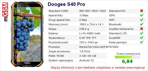 Dane telefonu Doogee S40 Pro