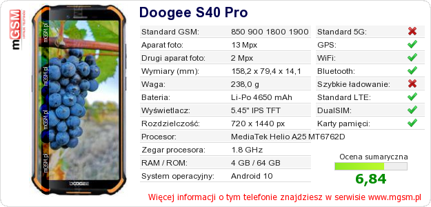 Dane telefonu Doogee S40 Pro