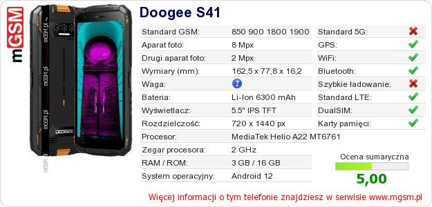Dane telefonu Doogee S41 Dane telefonu Doogee S41