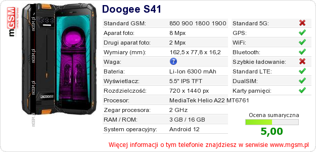 Dane telefonu Doogee S41