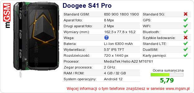 Dane telefonu Doogee S41 Pro