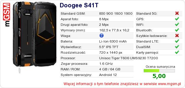 Dane telefonu Doogee S41T Dane telefonu Doogee S41T