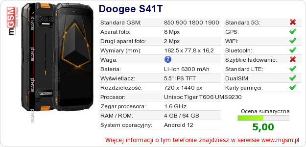 Dane telefonu Doogee S41T