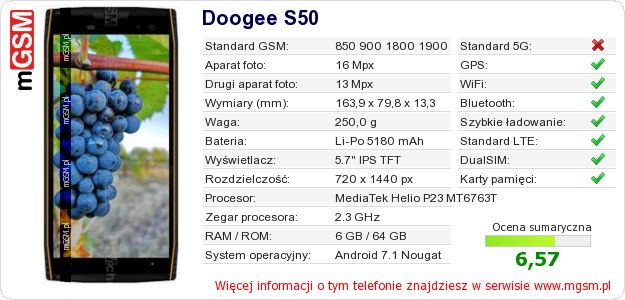 Dane telefonu Doogee S50 Dane telefonu Doogee S50