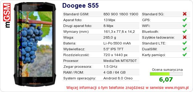 Dane telefonu Doogee S55