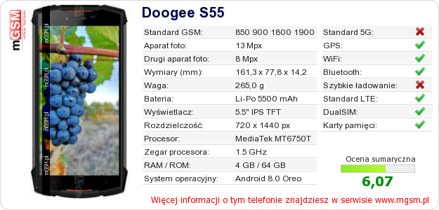 Dane telefonu Doogee S55