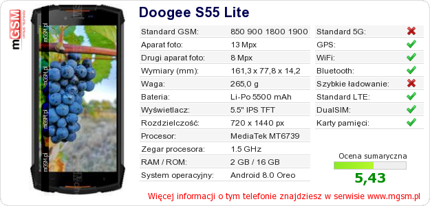 Dane telefonu Doogee S55 Lite