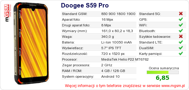 Dane telefonu Doogee S59 Pro