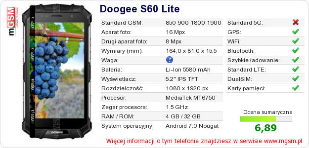 Dane telefonu Doogee S60 Lite