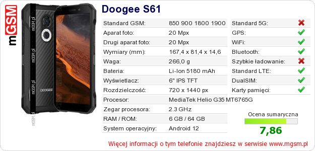Dane telefonu Doogee S61 Dane telefonu Doogee S61