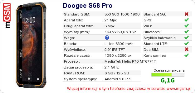 Dane telefonu Doogee S68 Pro Dane telefonu Doogee S68 Pro
