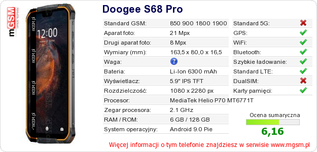 Dane telefonu Doogee S68 Pro