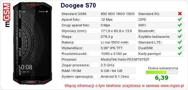 Dane telefonu Doogee S70 Dane telefonu Doogee S70