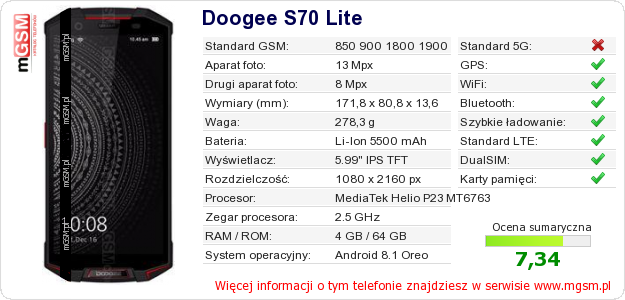 Dane telefonu Doogee S70 Lite Dane telefonu Doogee S70 Lite