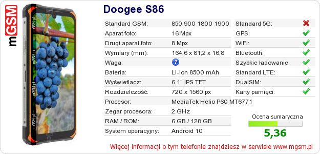 Dane telefonu Doogee S86