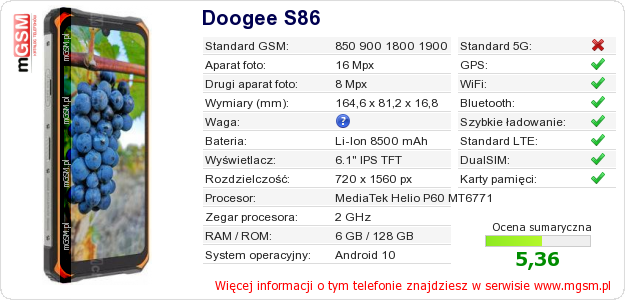 Dane telefonu Doogee S86 Dane telefonu Doogee S86