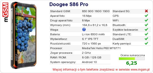 Dane telefonu Doogee S86 Pro