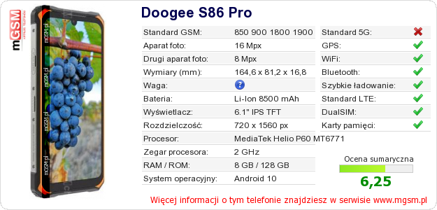 Dane telefonu Doogee S86 Pro