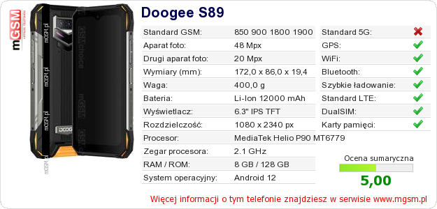 Dane telefonu Doogee S89