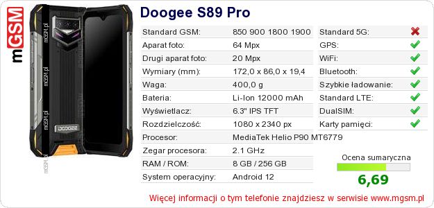 Dane telefonu Doogee S89 Pro