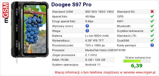 Dane telefonu Doogee S97 Pro Dane telefonu Doogee S97 Pro