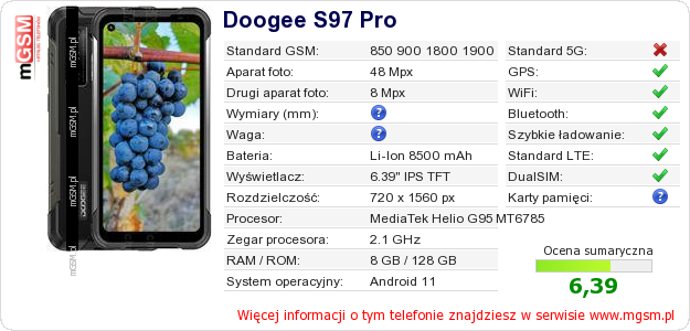 Dane telefonu Doogee S97 Pro