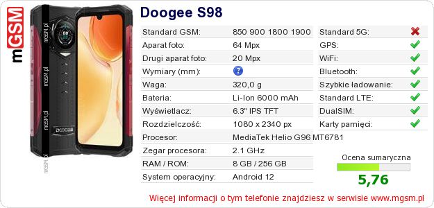 Dane telefonu Doogee S98