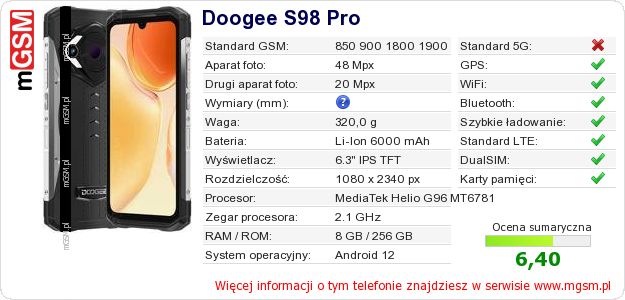 Dane telefonu Doogee S98 Pro Dane telefonu Doogee S98 Pro