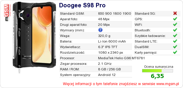 Dane telefonu Doogee S98 Pro