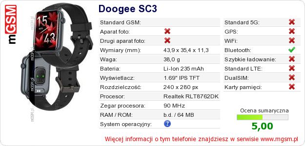 Dane telefonu Doogee SC3 Dane telefonu Doogee SC3