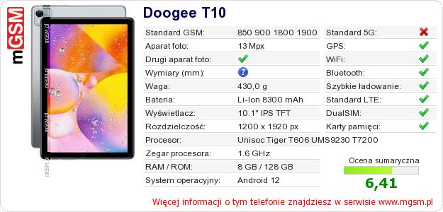 Dane telefonu Doogee T10
