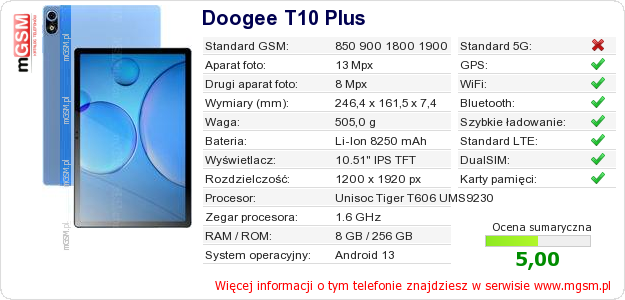 Dane telefonu Doogee T10 Plus
