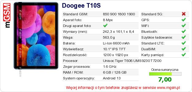 Dane telefonu Doogee T10S Dane telefonu Doogee T10S